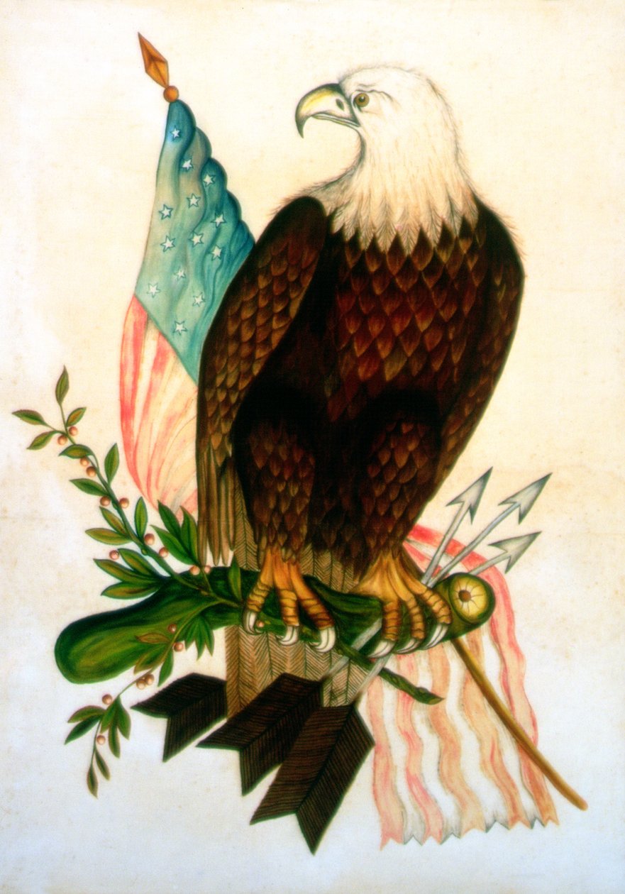 Bald egle med flagg (tempera på fløyel) av American School