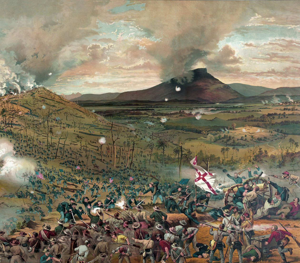 Battle of Mission Ridge, 25. november 1863 - presentert med komplimenter fra McCormick Harvesting Machine Company, pub. 1886 (fargelitografi) av American School