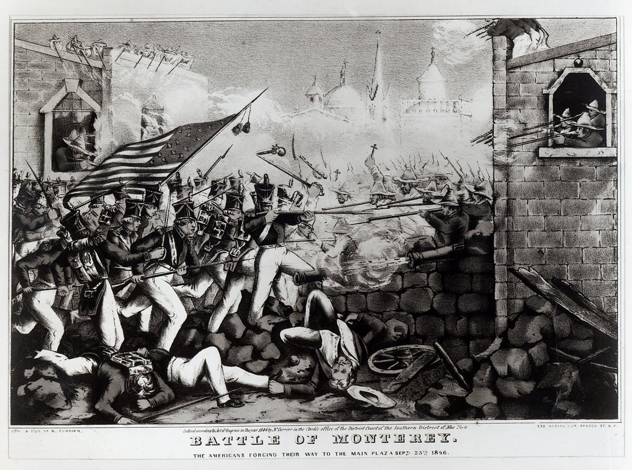 Battle of Monterey: The Americans Forcing their Way to the Main Plaza, 23. september 1846, gravert og utgitt av Nathanial Currier (1813-88), 1846 av American School
