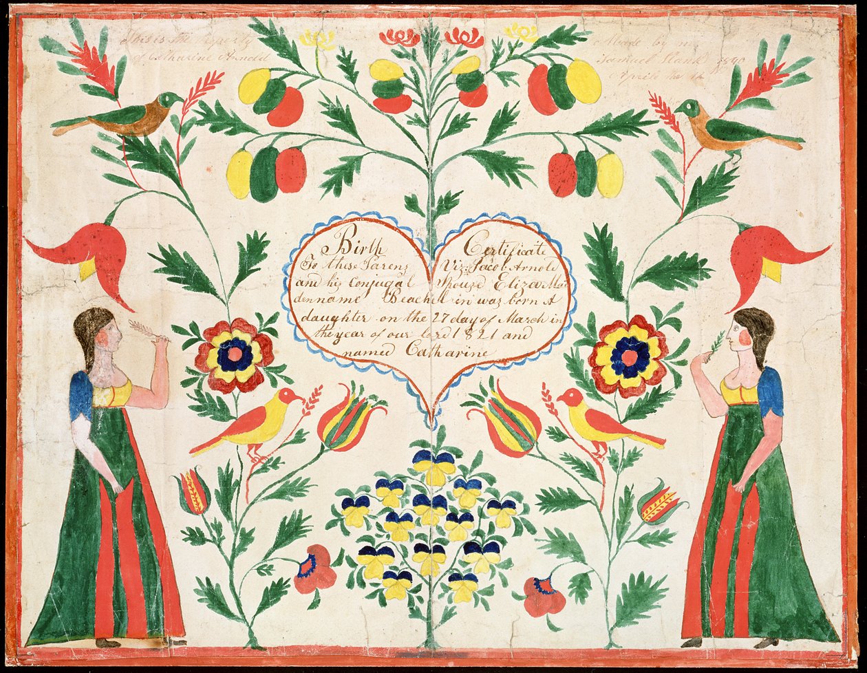 Fødselsattest, 1821 (penn og blekk og wc på papir) av American School
