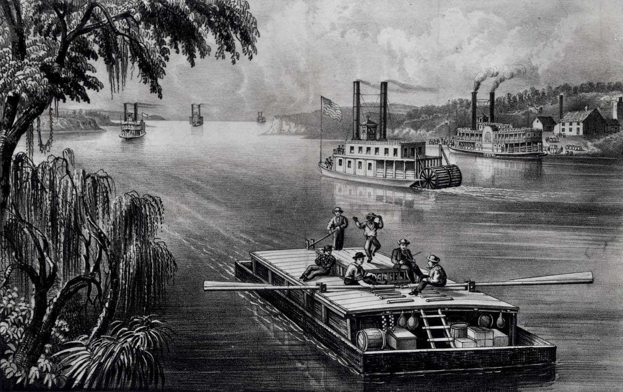 Bound Down the River, pub. av Currier og Ives, 1870 av American School