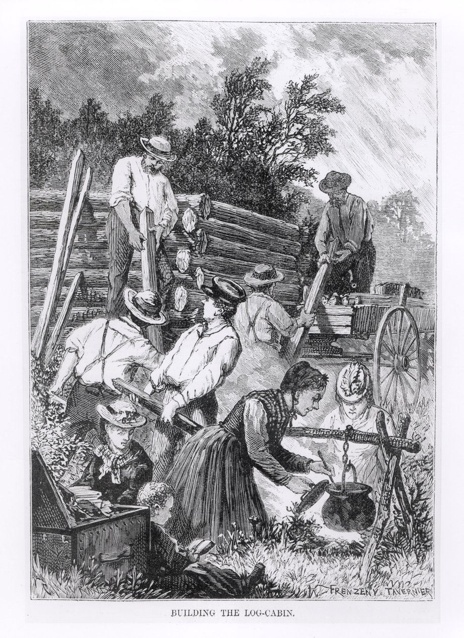 Bygge tømmerhytta, gravert av Charles Maurand av American School