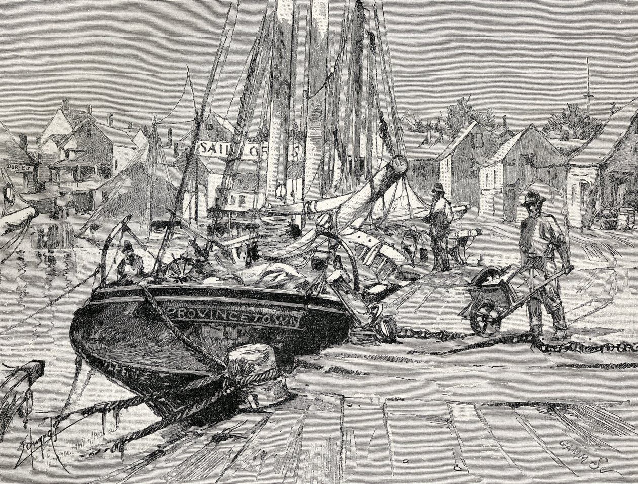 Central Wharf, Provincetown, Cape Cod, fra 'The Century Illustrated Monthly Magazine', mai til oktober, 1883 av American School
