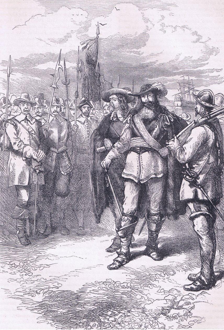 Kommissærer som lander i Boston 1665, illustrasjon fra Cassells History of the United States pub. av Petter & Galpin ca. 1890 av American School