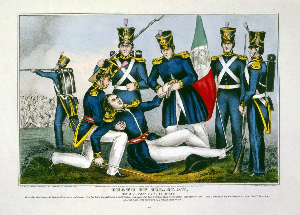 Col. Clays død, slaget ved Buena Vista, Feby. 23d, 1847, pub. 1847 (håndfarget gravering) av American School