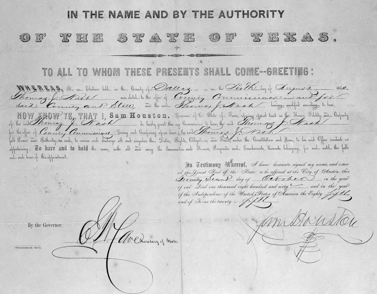 Skjøte signert av Sam Houston (1793-1863) 1860 av American School