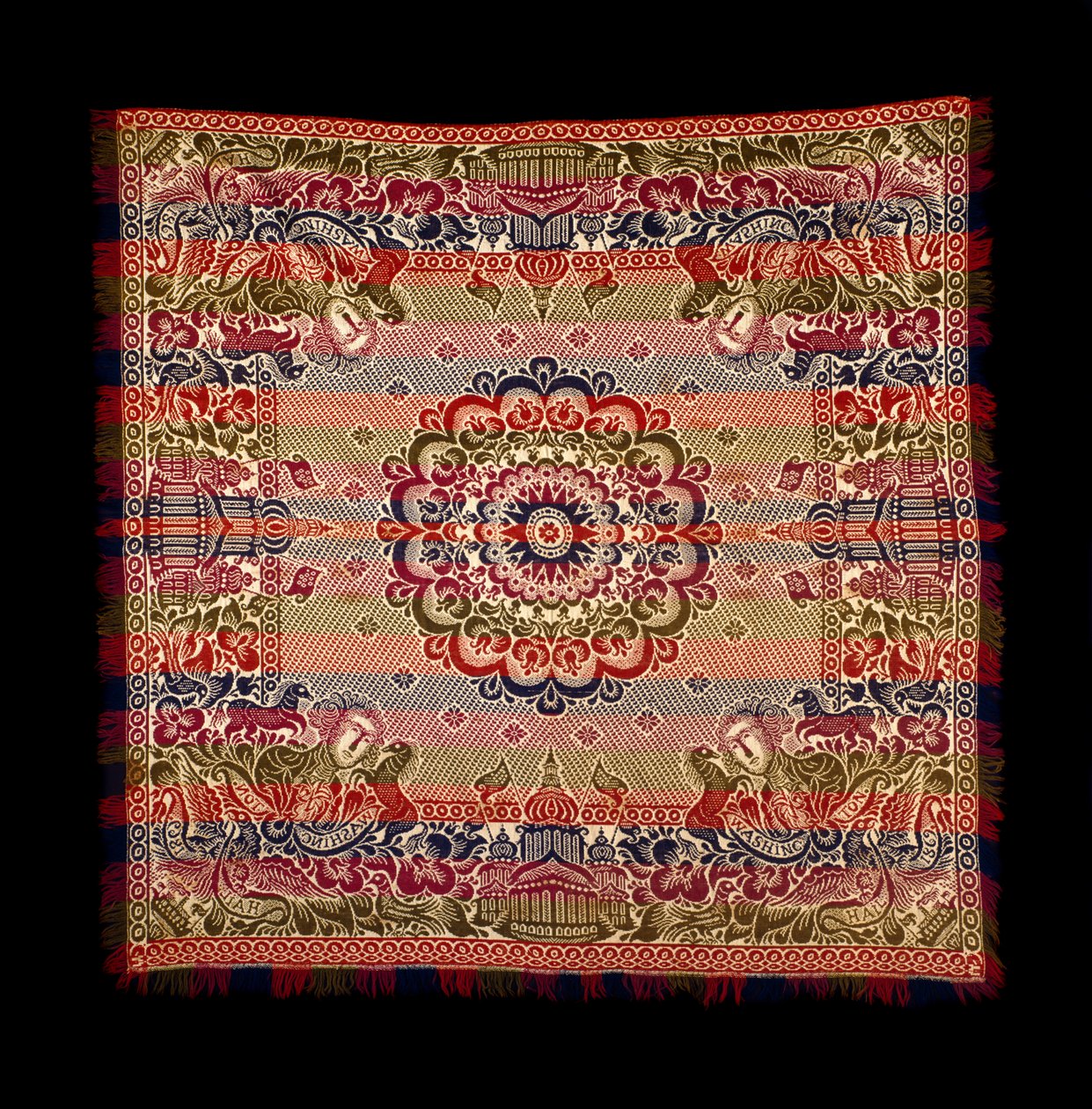 Double-Weave Coverlet, produsert av Lancaster Carpet, Coverlet, Quilt and Yarn Manufacturing, 1869 (bomull og ull) av American School