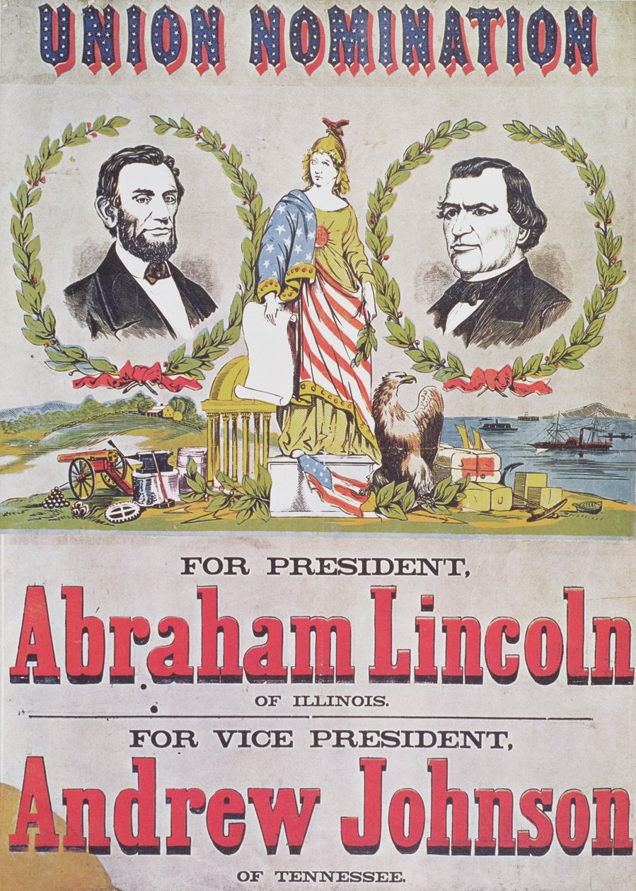 Valgkampanjeplakat for unionsnominasjonen med Abraham Lincoln som stiller som president og Andrew Johnson som visepresident av American School
