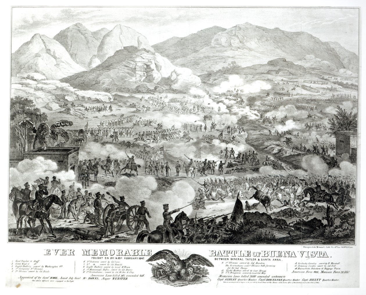 Et evig minneverdig slaget ved Buena Vista, utkjempet 22. og 23. februar 1847, mellom general Taylor og Santa Anna av American School