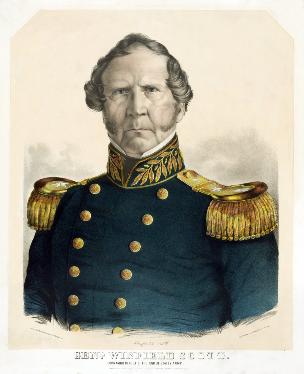 General Winfield Scott, øverstkommanderende for den amerikanske hæren, pub. 1847 (håndfarget litho) av American School