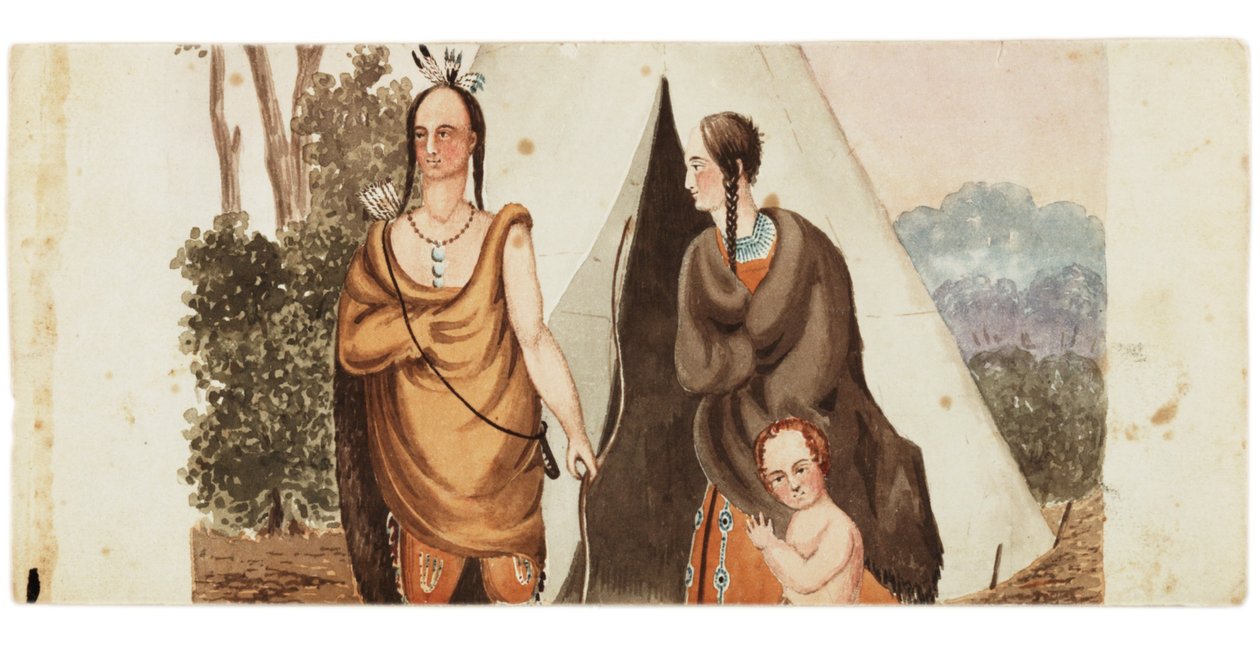Indisk familie som sitter utenfor en tipi, ca. 1849 av American School