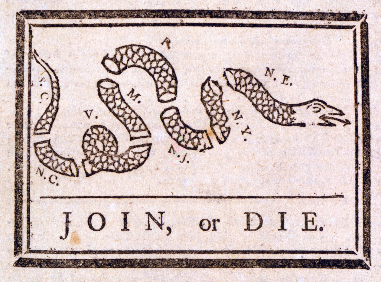 Bli med eller dø, formaning av Benjamin Franklin, 1754 av American School