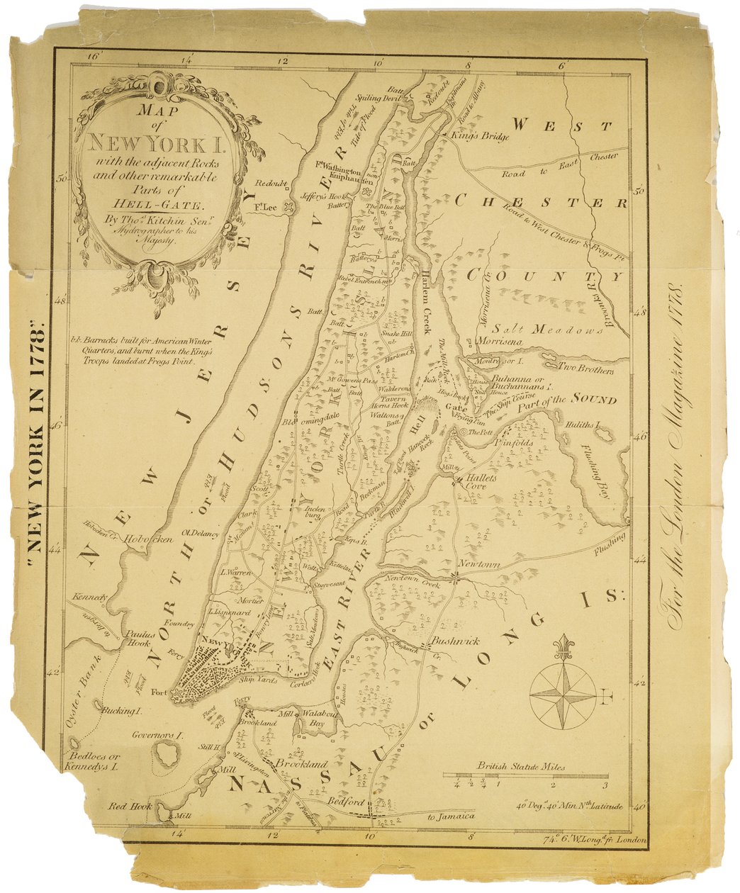 Kart over New York Island med de tilstøtende steinene og andre bemerkelsesverdige deler av Hell-Gate., 1778 (svart blekk på papir) av American School