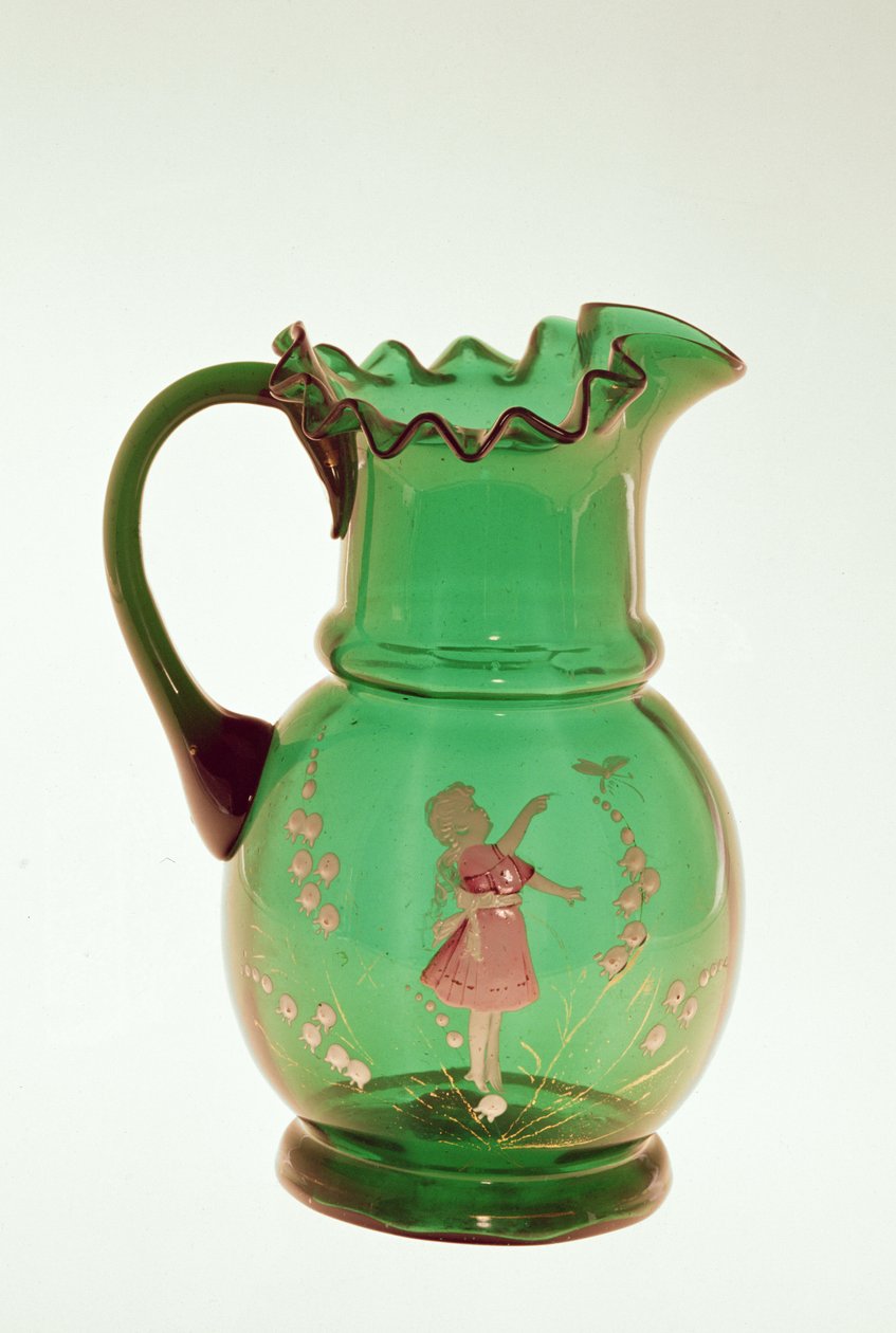 Mary Gregory grønn kanne med brent emaljemaleri av barn, muligens bohemsk, sent på 1800-tallet (glass) av American School