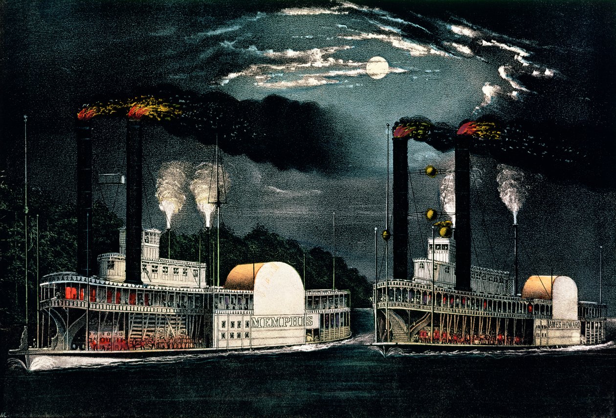 Midnight Race on the Mississippi, utgitt av Currier og Ives av American School