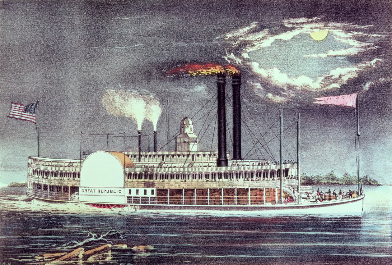 Moonlight on the Mississippi, utgitt av Nathaniel Currier (1813-88) og James Merritt Ives (1824-95) av American School
