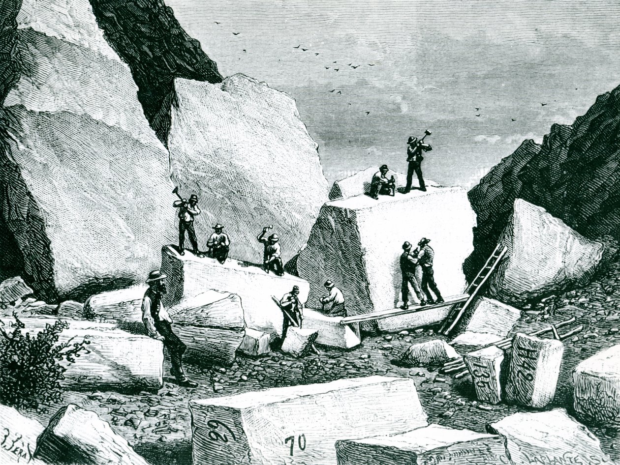 Mormoner som bryter granitt til Tabernaklet, tegnet av J. Ferat og gravert av C. Laplante av American School