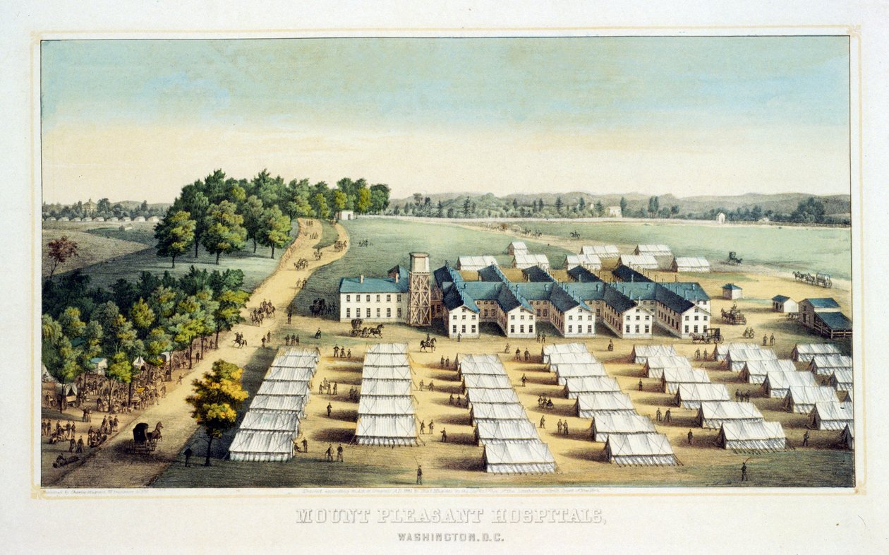 Mount Pleasant Hospitals, Washington, D.C., pub. 1862 (fargelitografi) av American School