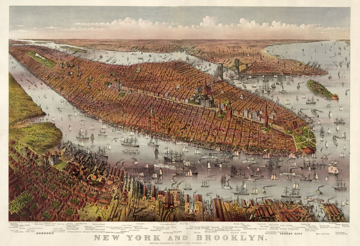 New York og Brooklyn, pub. 1875 (fargelitografi) av American School