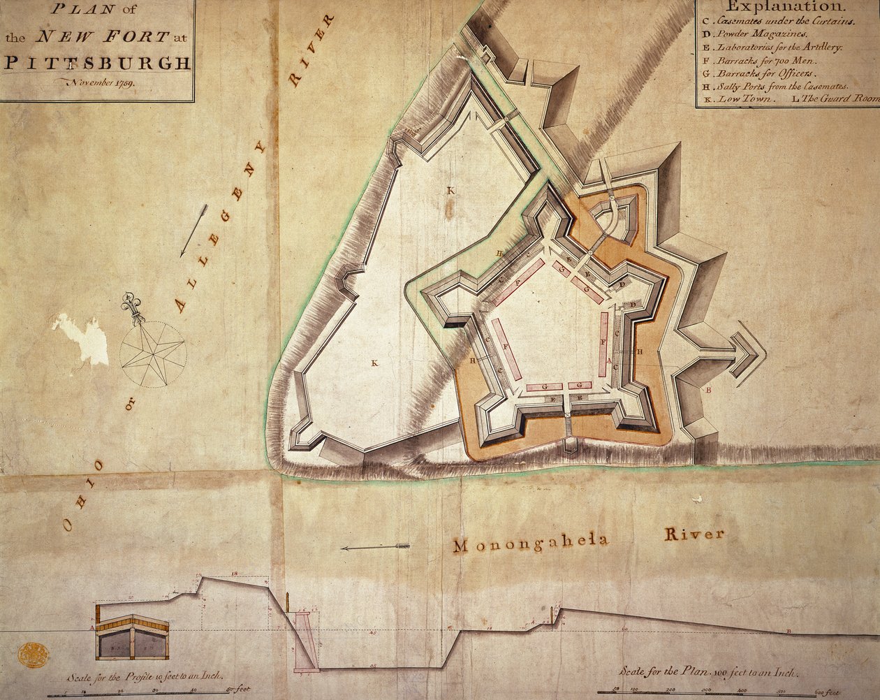 Plan over det nye fortet i Pittsburgh, november 1759 (håndfarget gravering) av American School