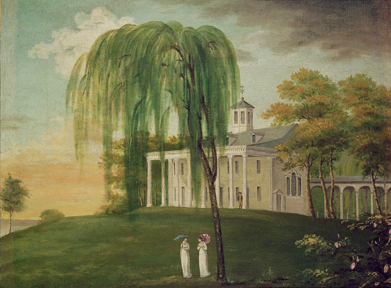 President George Washington (1732-99) på verandaen til huset hans ved Mount Vernon av American School
