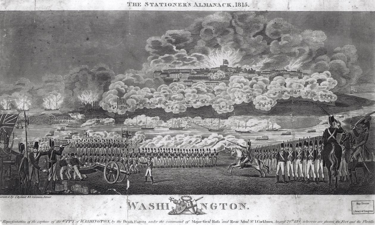 Representasjon av Capture of the City of Washington av de britiske styrkene, 24. august 1814, fra 