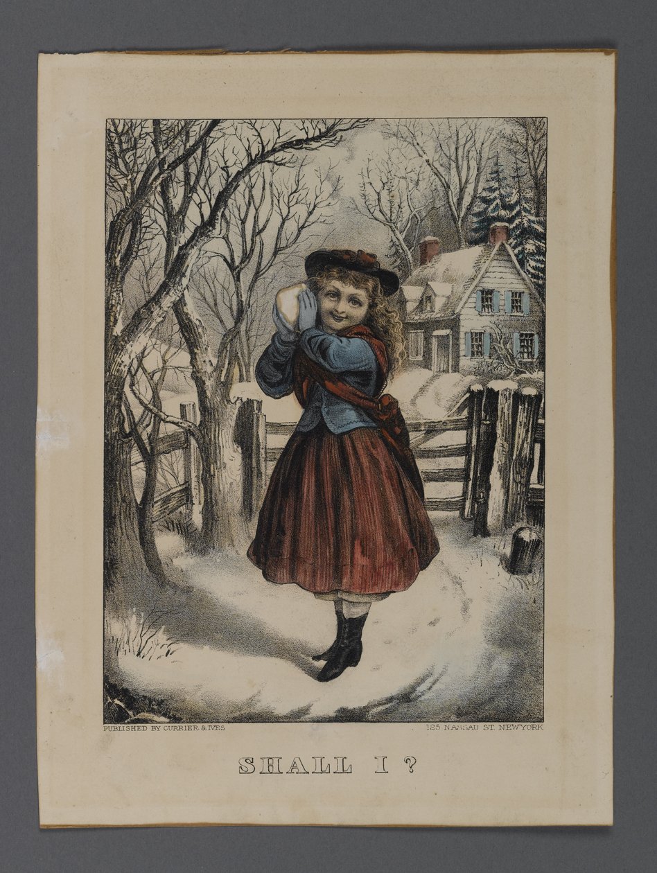 Skal jeg?, utgitt av Currier & Ives, New York (håndfarget litho) av American School