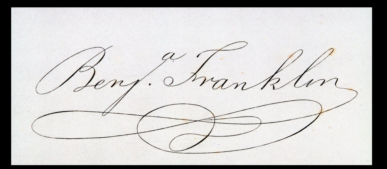 Signatur av Benjamin Franklin (penn og blekk på papir) av American School