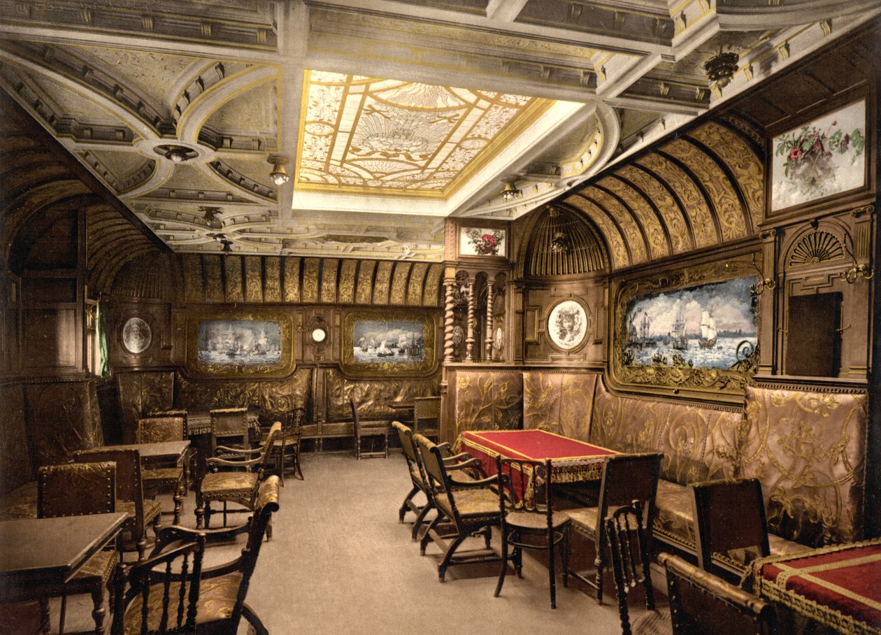 Røykesalong på Kaiser Wilhelm der Grosse, pub. C. 1897 (fargelitografi) av American School