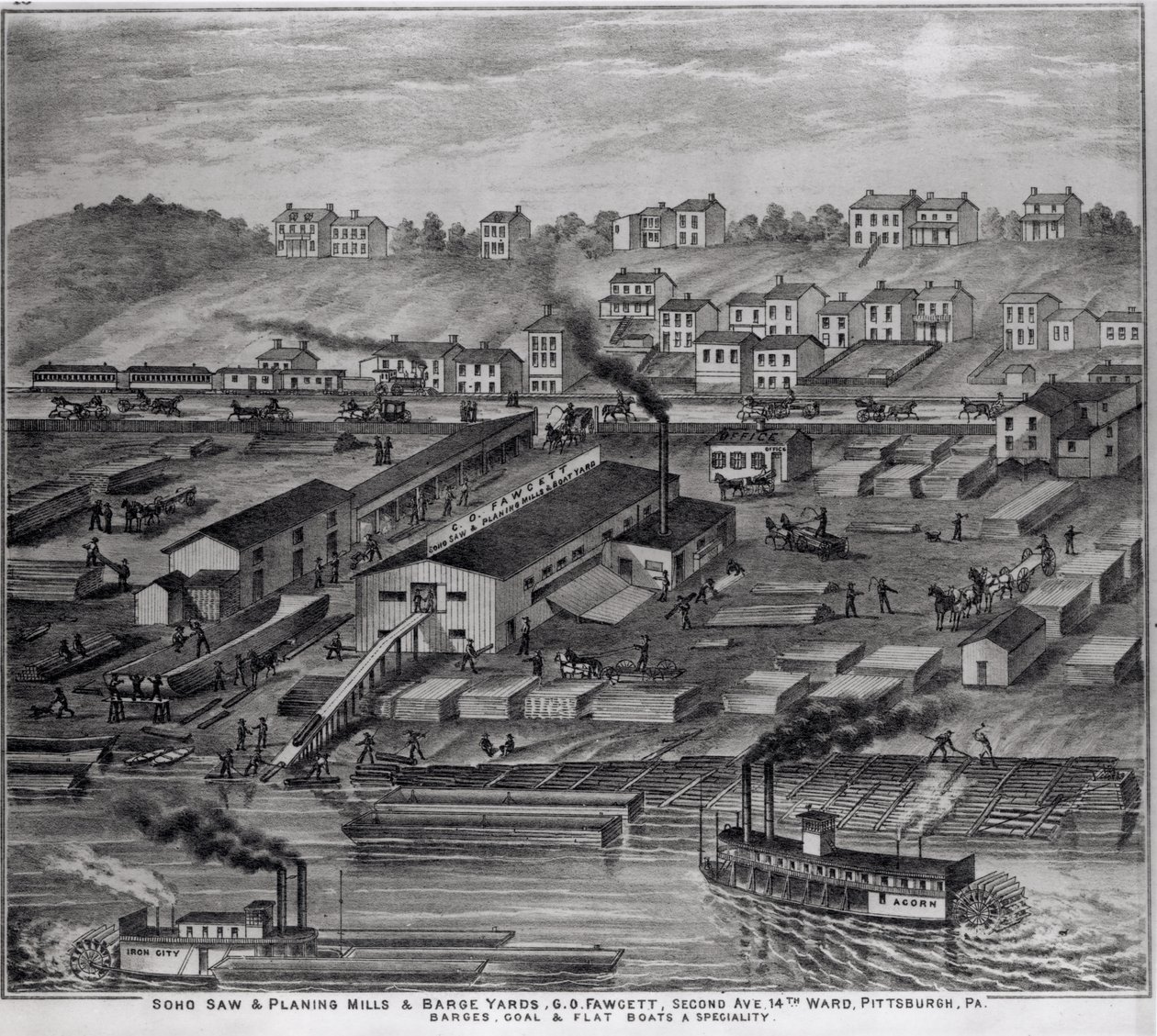 Soho Saw and Planing Mills and Barge Yards, G.O. Fawcett, Second Avenue, 14th Ward, Pittsburgh, PA, fra 