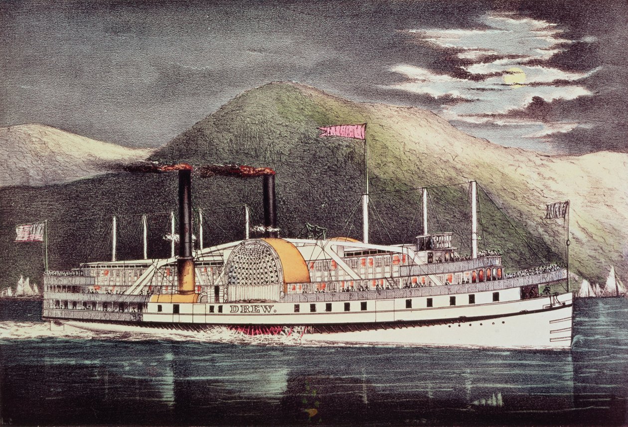 Steamer Drew, utgitt av Nathaniel Currier (1813-88) og James Merritt Ives (1824-95) av American School