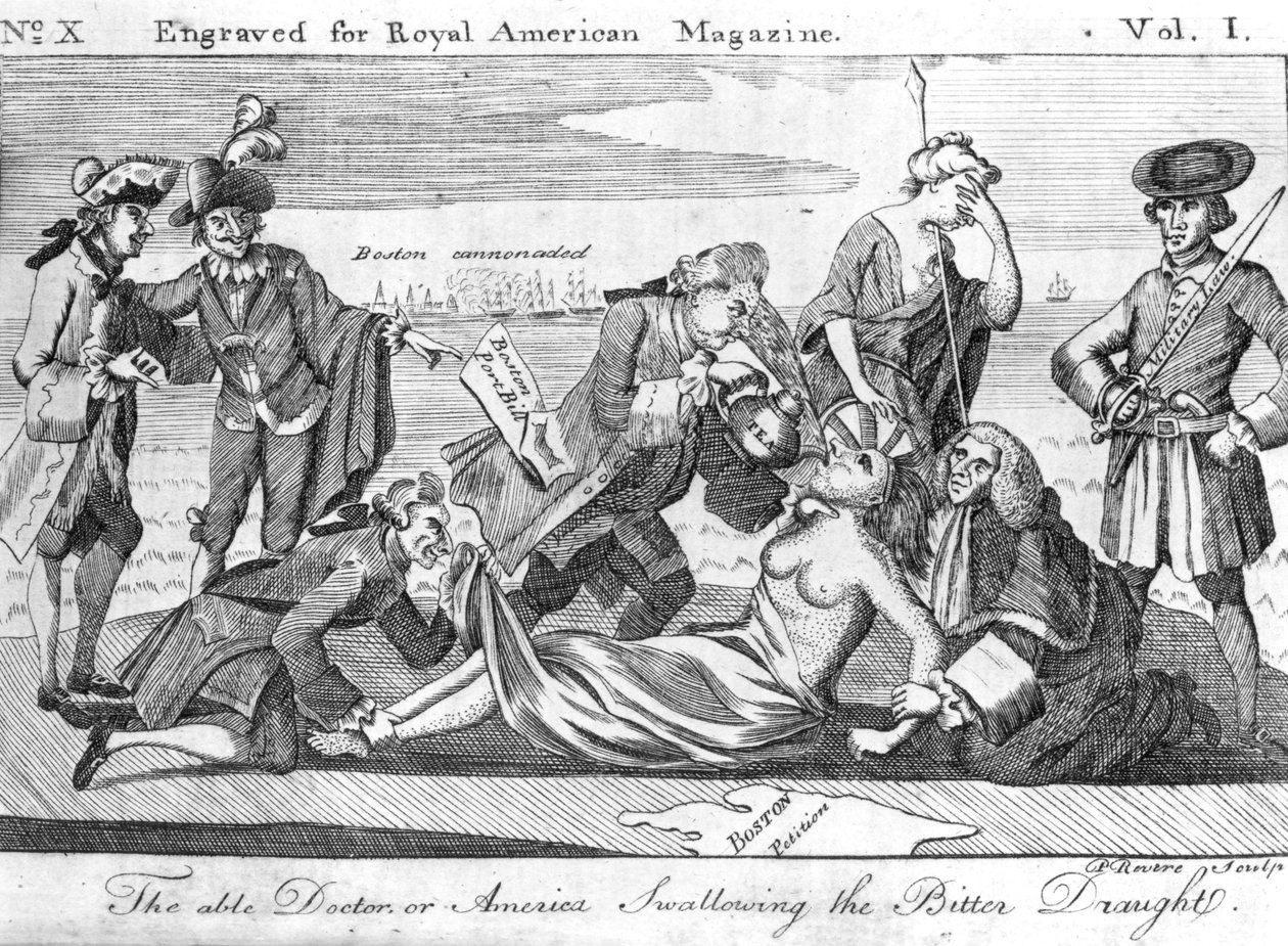 The Able Doctor, or America Swallowing the Bitter Draught, gravert av Paul Revere (1735-1818) for 
