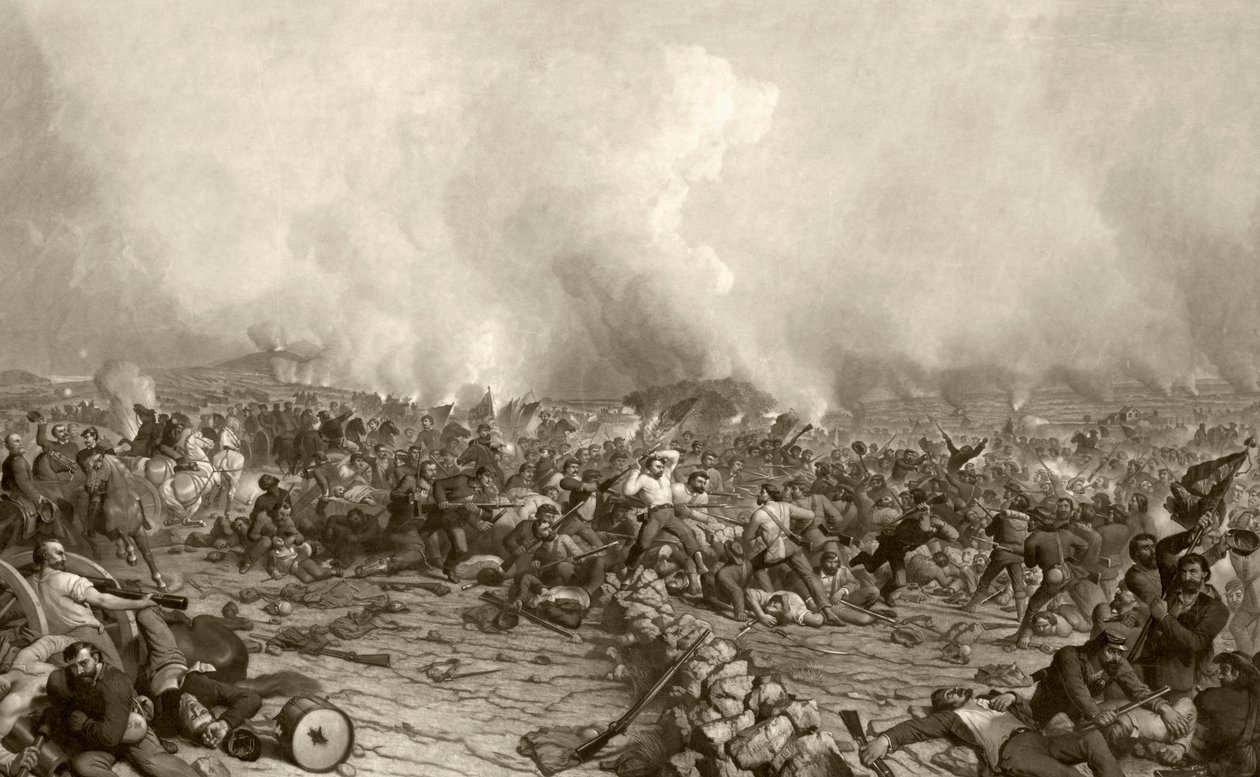 Slaget ved Gettysburg, etter et trykk fra 1800-tallet gravert av John Sartain fra et skrift av P.F. Rothermel av American School