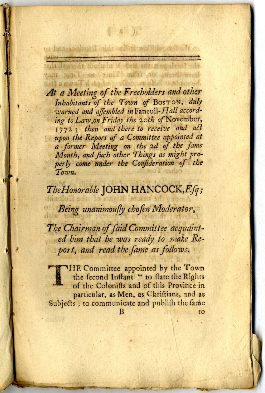 "Boston-heftet": Stemmene og saksbehandlingen til selveiere og andre innbyggere i byen Boston, i Town Meeting Assembly, 1772 av American School