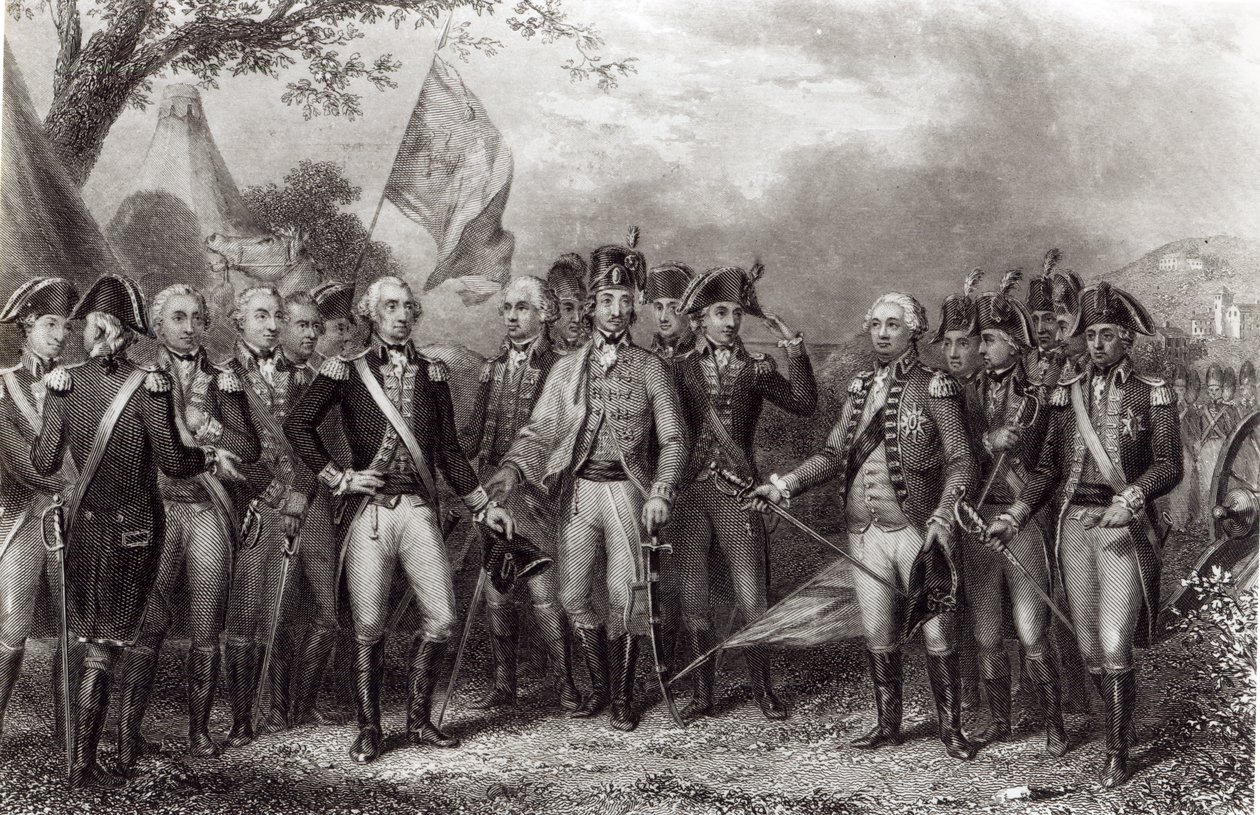 Britene overgir sine våpen til general Washington, 19. oktober 1781, gravert av J. Stephenson av American School