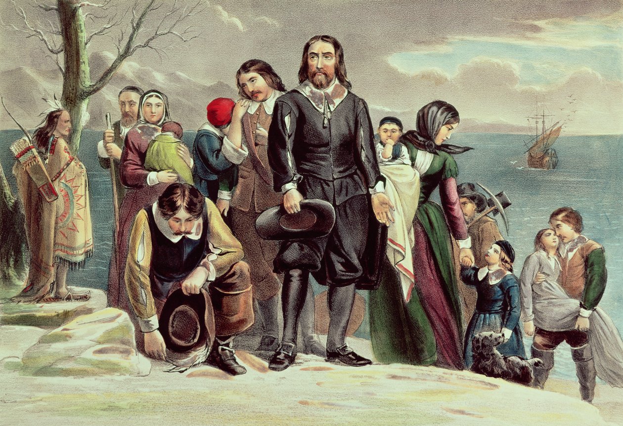 The Landing of the Pilgrims i Plymouth, Massachusetts, 22. desember 1620 utgitt av Currier und Ives (se også 97927) av American School