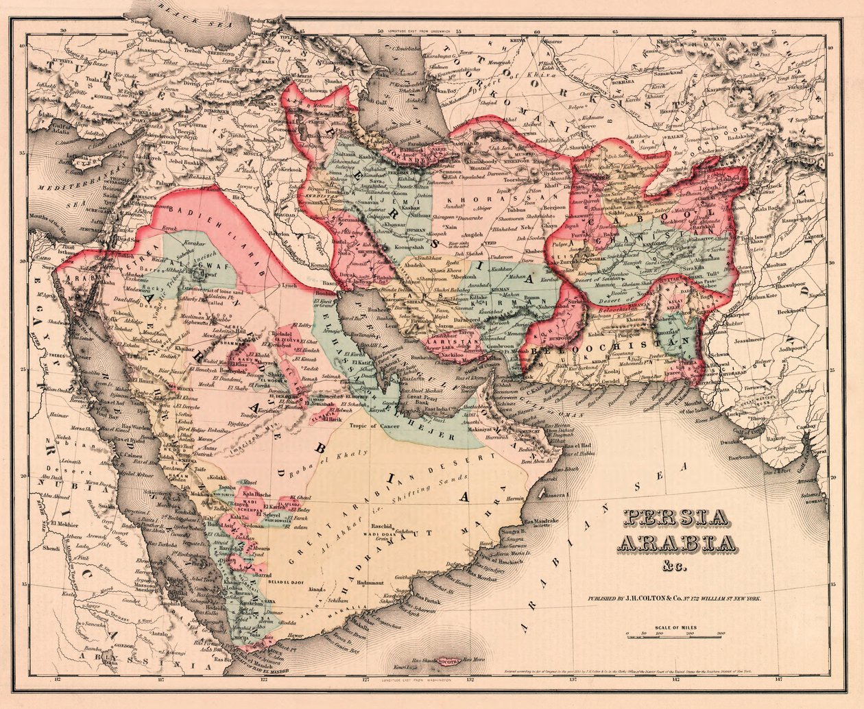 Midtøsten på midten av 1800-tallet, fra Coltons General Atlas, utgave av 1857 (håndfarget gravering) av American School