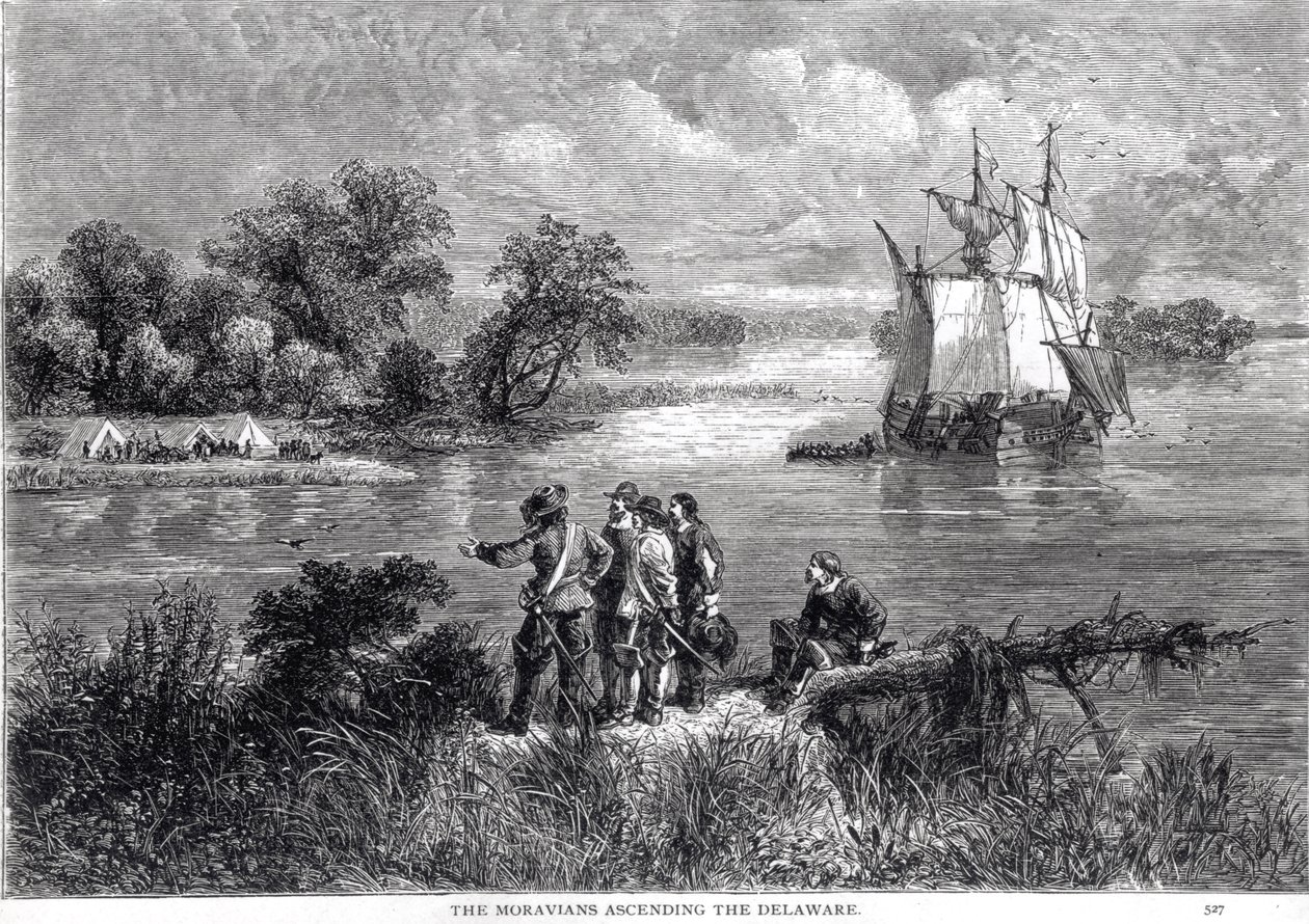 The Moravians Ascending the Delaware, fra 'The Romance and Tragedy of Pioneer Life', av Augustus L. Mason, 1883 av American School