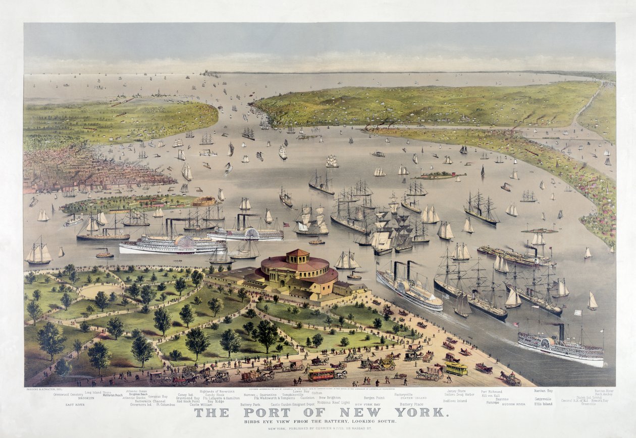 The Port of New York: Birds Eye View from the Battery, ser sørover, pub. 1878 (fargelitografi) av American School