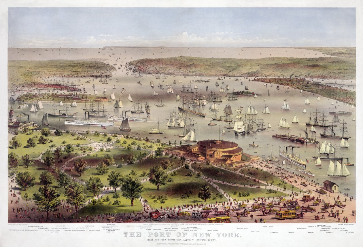 The Port of New York: Birds Eye View from the Battery, ser sørover, pub. 1862 (fargelitografi) av American School