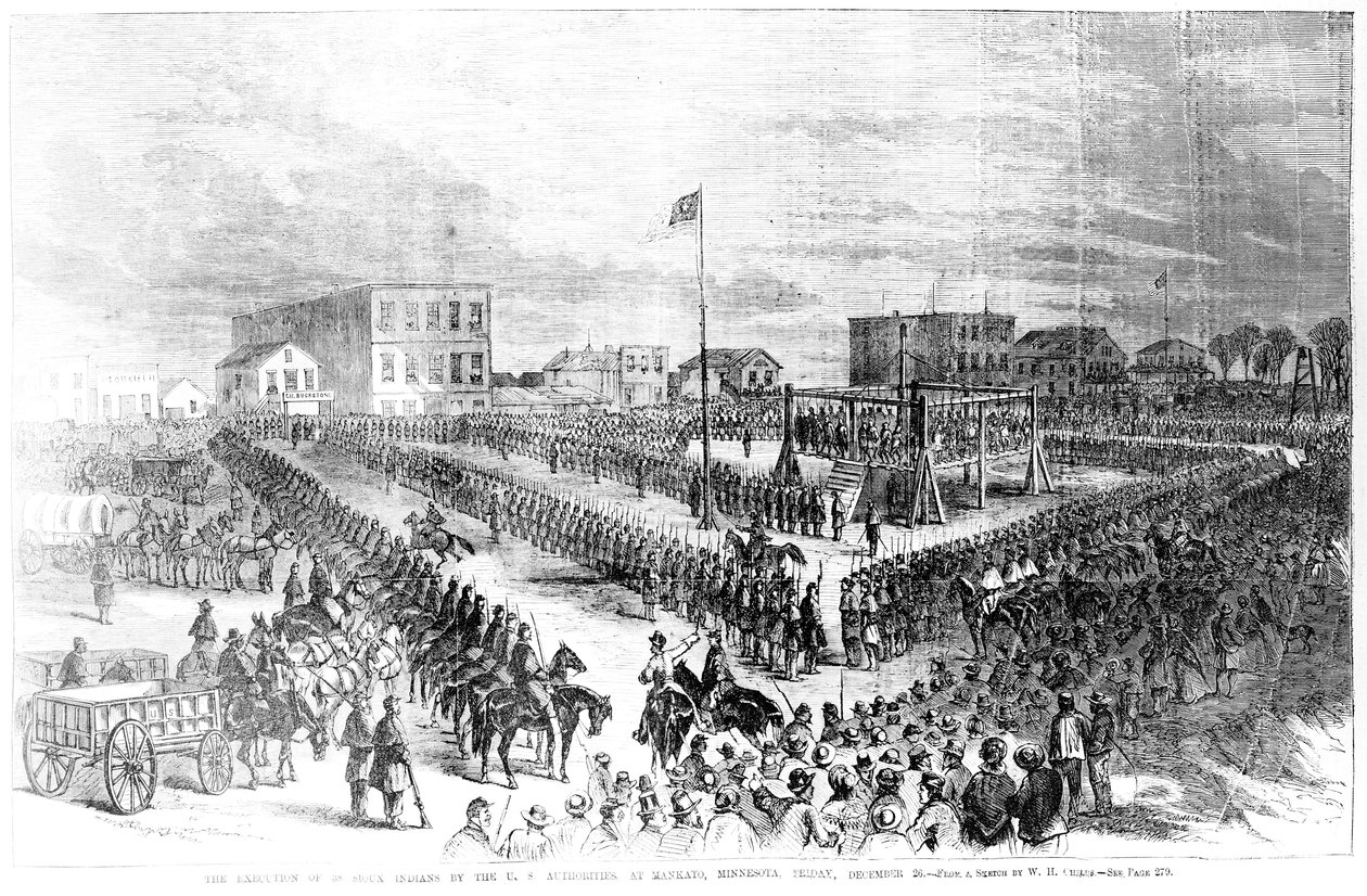 Henrettelsen av Sioux-indianere av amerikanske myndigheter i Mankato, Minnesota fredag 26. desember 1862, fra Frank Leslies Illustrated Newspaper, 24. januar 1863 av American School