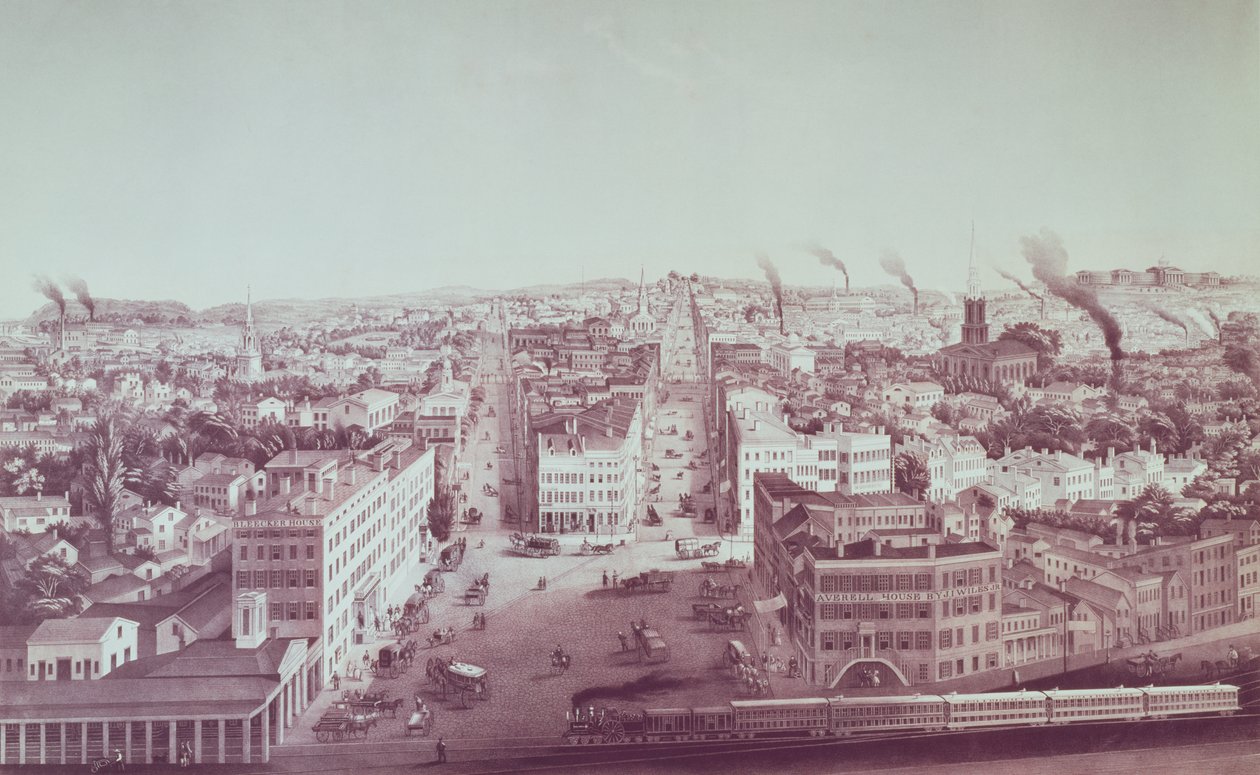 Utsikt over Utica City, New York State, gravert av D.W. Moody, pub. av F. Michelin, ca. 1850 av American School