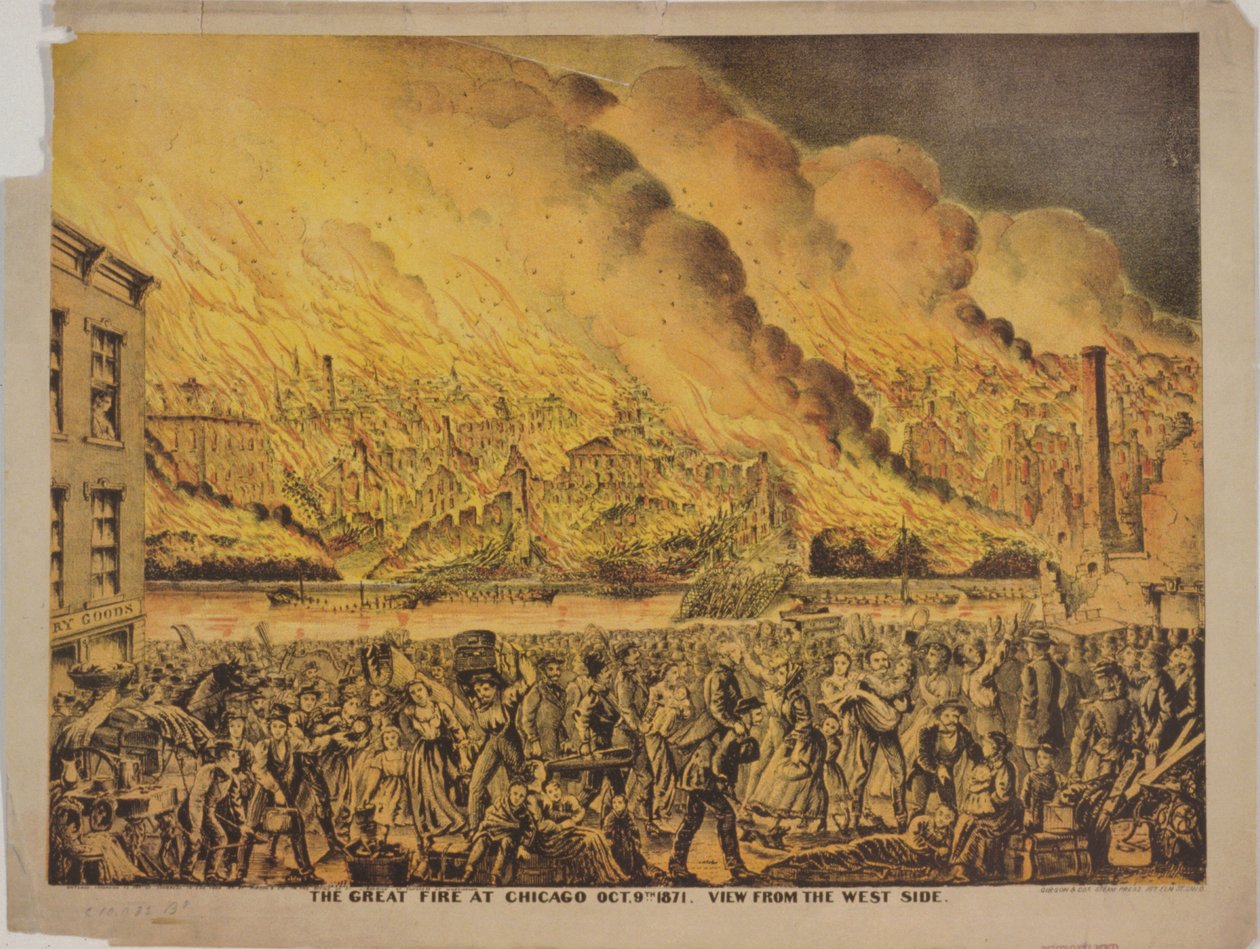 Utsikt over den store brannen i Chicago, 9. oktober 1871, fra vestsiden av American School