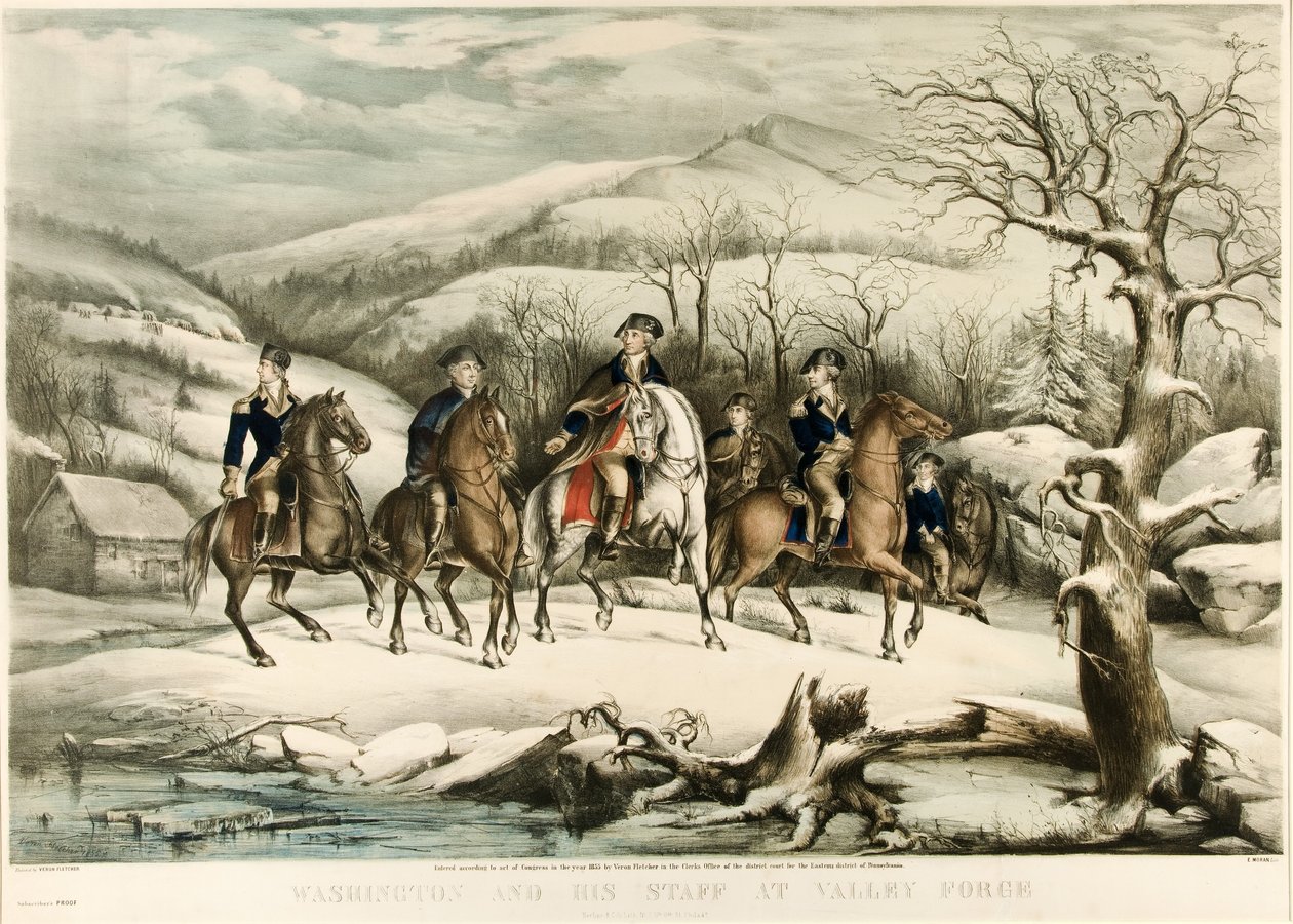 Washington og hans stab på Valley Forge, pub. 1855 av American School