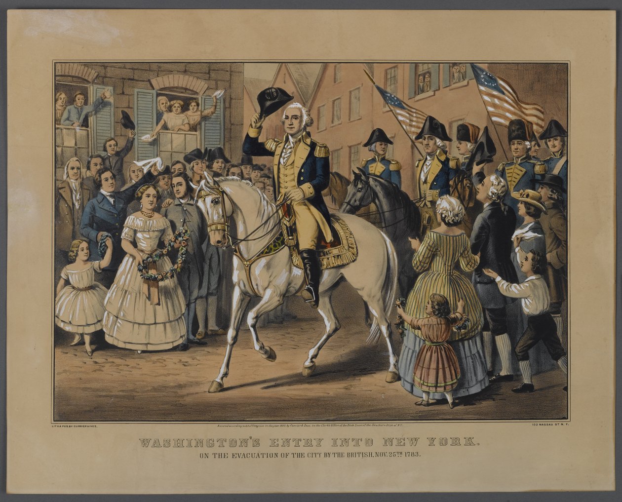Washingtons Entry into New York, utgitt av Currier & Ives, New York, 1857 (håndfarget lito) av American School
