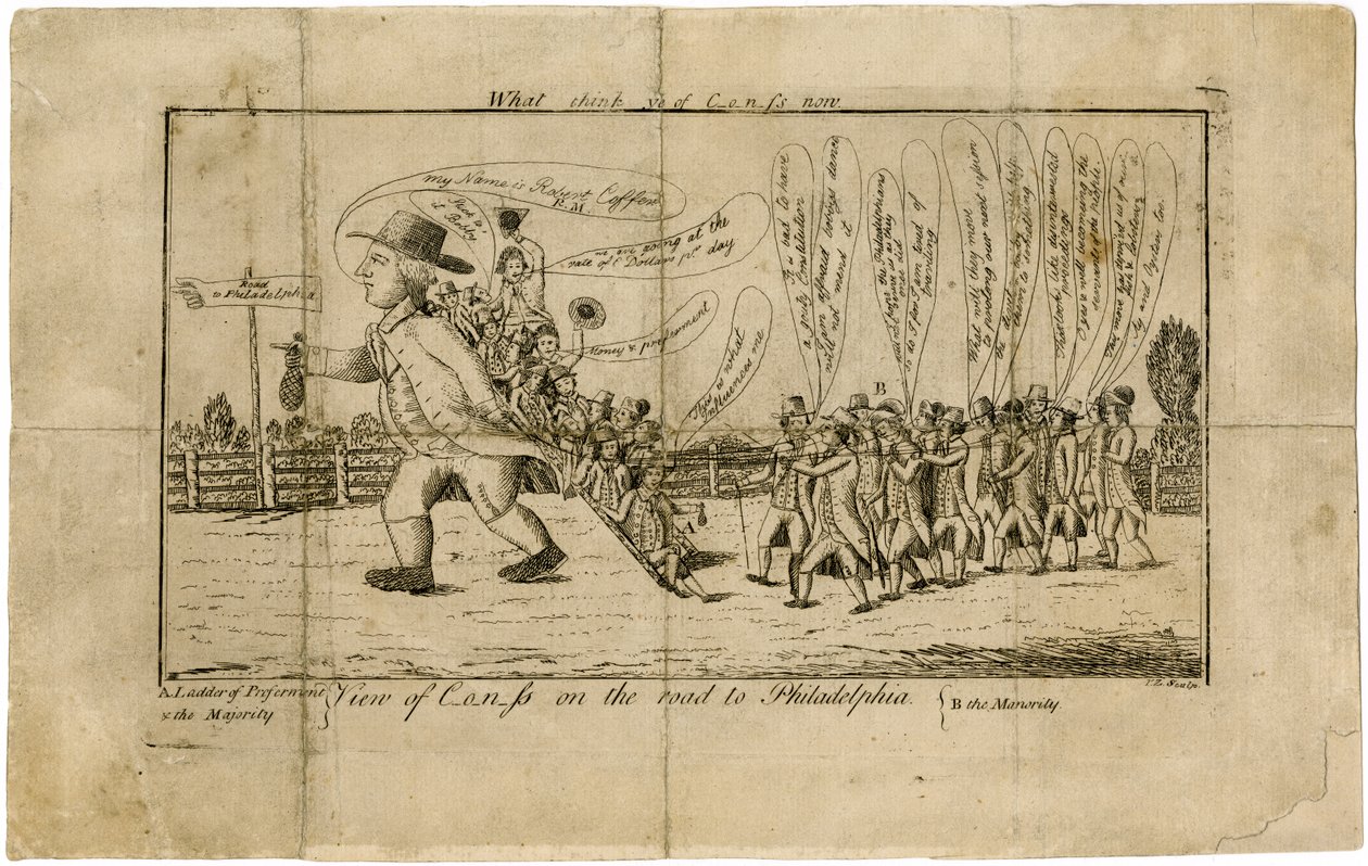 Hva synes du om kongressen nå? Utsikt over Kongressen på veien til Philadelphia A. Ladder of Preferment & Majority--B. herregården, 1790 av American School