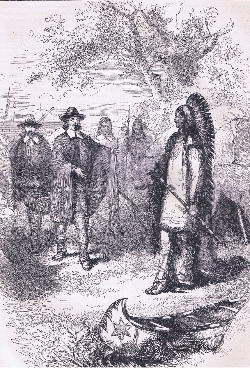 Winslows besøk til Massaqit 1634, illustrasjon fra Cassells History of the United States pub. av Petter & Galpin ca. 1890 av American School