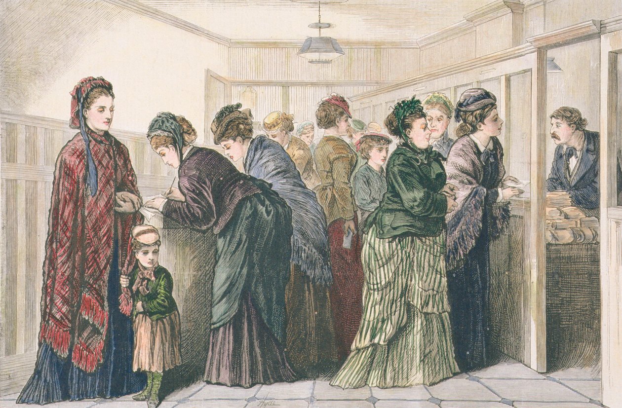 Kvinner på aviskontoret legger ut annonser for arbeid, New York, 1874 av American School