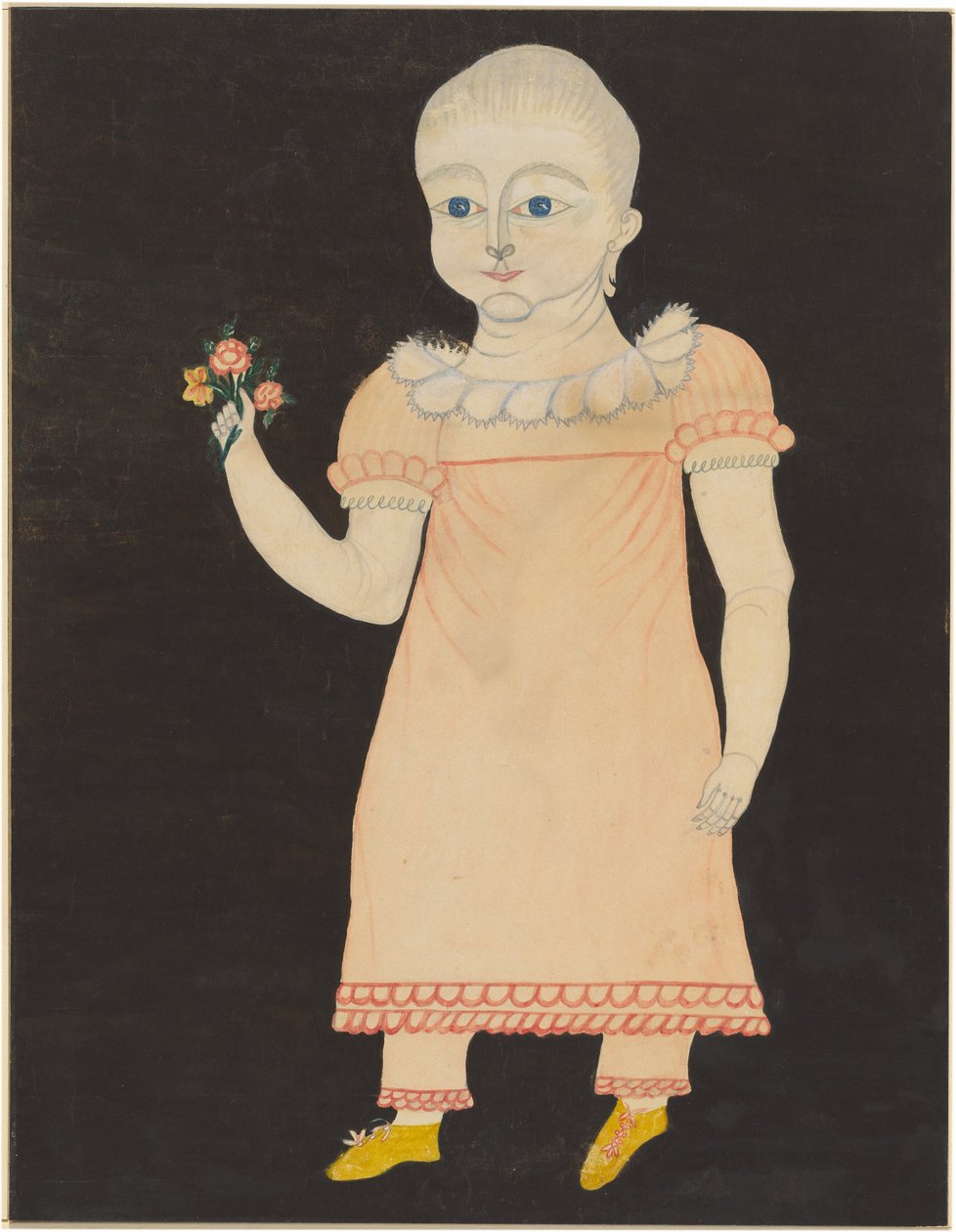 Baby i rosa kjole med roser av American 19th Century