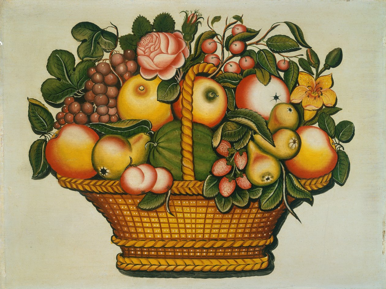 Kurv med frukt med blomster av American 19th Century